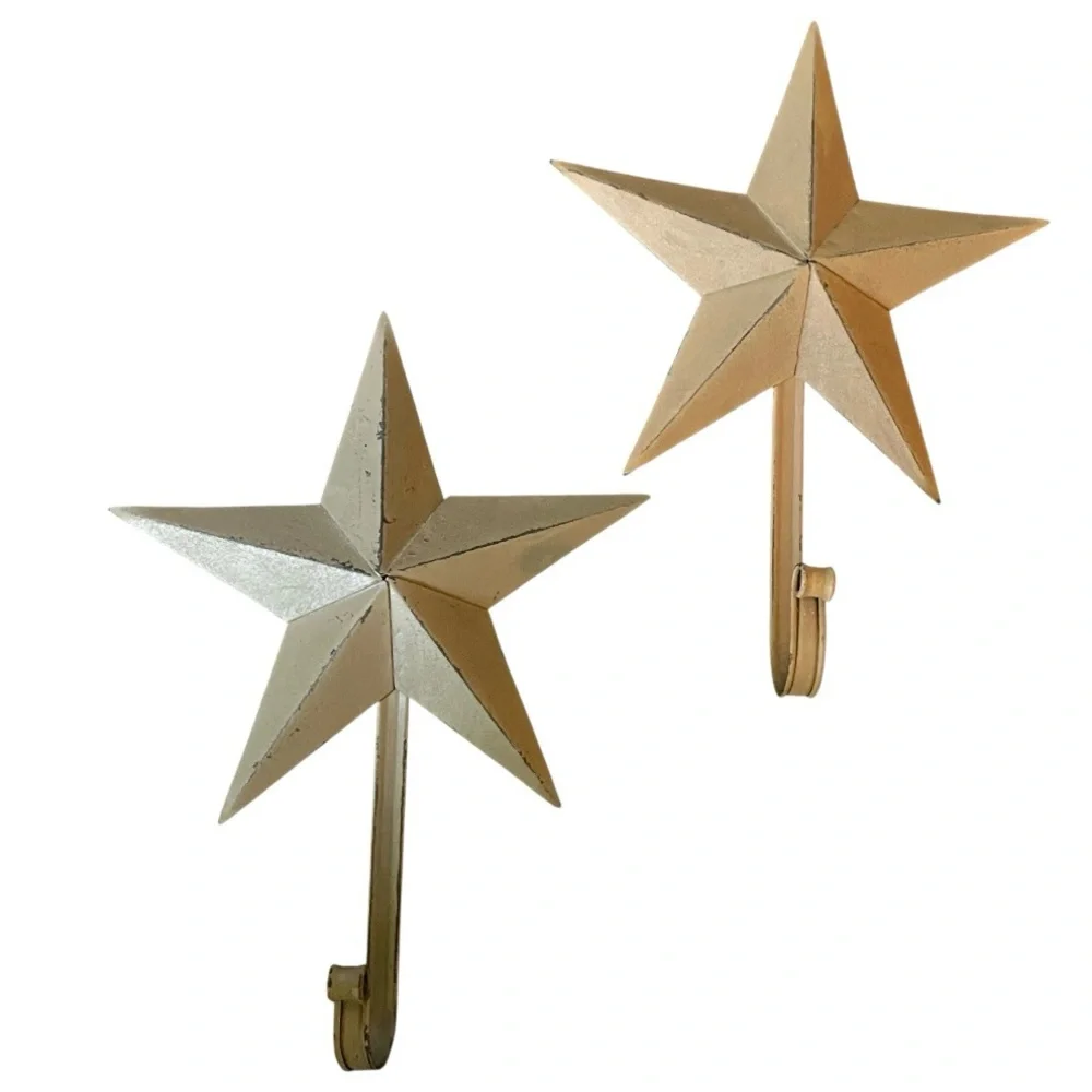 Rustic Distressed 3D Dimensional Metal Star Wall Hooks Gray Tan Hanging Decor